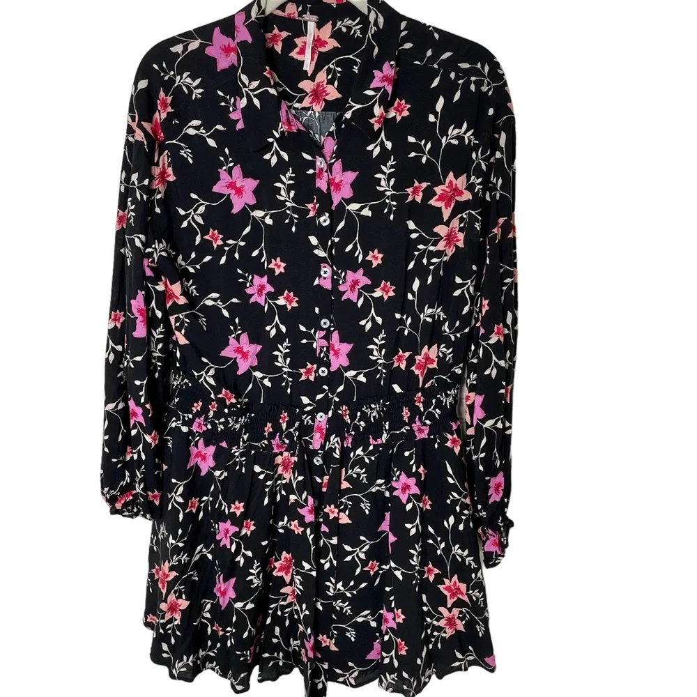 Free People Lighten Up Black Floral Button Down Tie Waist Mini Dress Size‎ Small